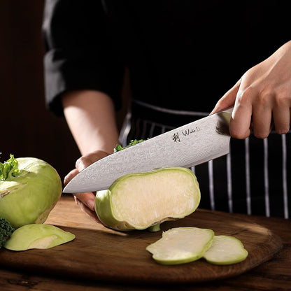 Oribu Kiritsuke Chef Knife, 8-Inch VG10 Damascus, Olive Wood Handle | Precision kiritsuke kitchen knife for peeling fruit, trimming vegetables, shaping garnishes, and detailed kitchen preparation