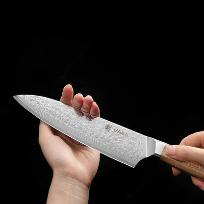 Oribu Kiritsuke Chef Knife, 8-Inch VG10 Damascus, Olive Wood Handle | Precision kiritsuke kitchen knife for peeling fruit, trimming vegetables, shaping garnishes, and detailed kitchen preparation