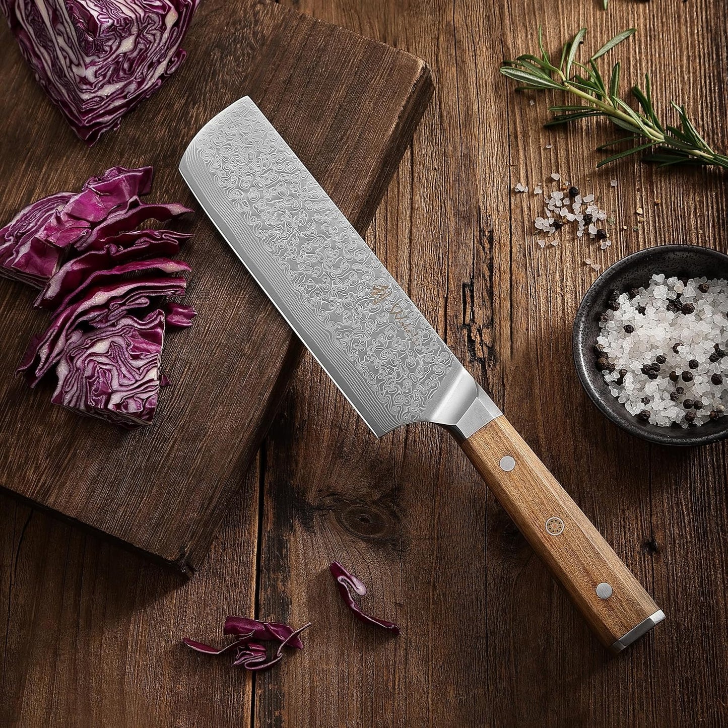 Oribu Kiritsuke Chef Knife, 8-Inch VG10 Damascus, Olive Wood Handle | Precision kiritsuke kitchen knife for peeling fruit, trimming vegetables, shaping garnishes, and detailed kitchen preparation