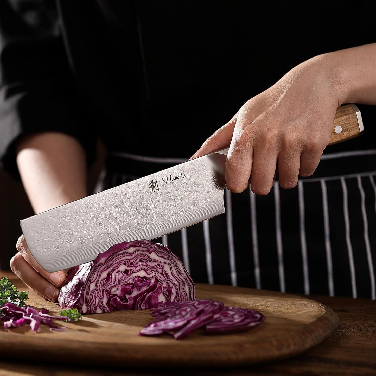 Oribu Kiritsuke Chef Knife, 8-Inch VG10 Damascus, Olive Wood Handle | Precision kiritsuke kitchen knife for peeling fruit, trimming vegetables, shaping garnishes, and detailed kitchen preparation
