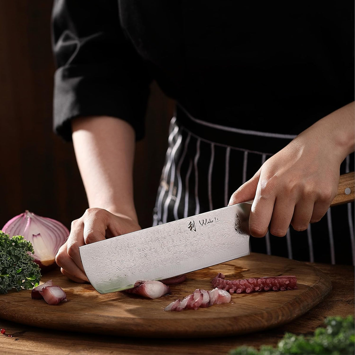 Oribu Kiritsuke Chef Knife, 8-Inch VG10 Damascus, Olive Wood Handle | Precision kiritsuke kitchen knife for peeling fruit, trimming vegetables, shaping garnishes, and detailed kitchen preparation