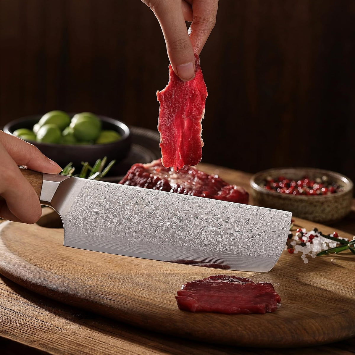 Oribu Kiritsuke Chef Knife, 8-Inch VG10 Damascus, Olive Wood Handle | Precision kiritsuke kitchen knife for peeling fruit, trimming vegetables, shaping garnishes, and detailed kitchen preparation