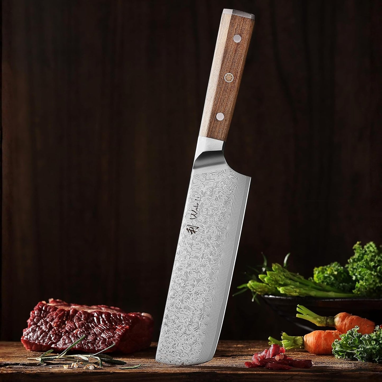 Oribu Kiritsuke Chef Knife, 8-Inch VG10 Damascus, Olive Wood Handle | Precision kiritsuke kitchen knife for peeling fruit, trimming vegetables, shaping garnishes, and detailed kitchen preparation