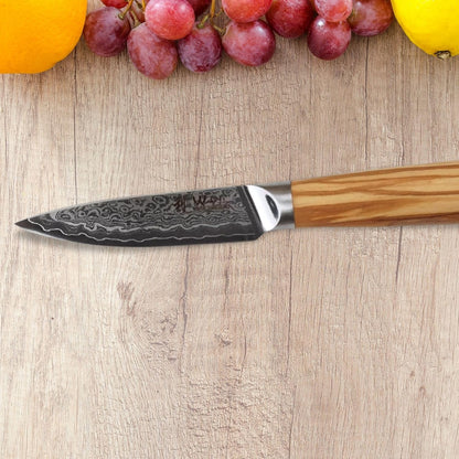 Oribu Kiritsuke Chef Knife, 8-Inch VG10 Damascus, Olive Wood Handle | Precision kiritsuke kitchen knife for peeling fruit, trimming vegetables, shaping garnishes, and detailed kitchen preparation