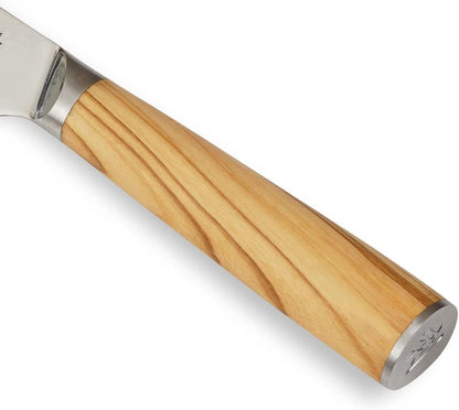 Oribu Kiritsuke Chef Knife, 8-Inch VG10 Damascus, Olive Wood Handle | Precision kiritsuke kitchen knife for peeling fruit, trimming vegetables, shaping garnishes, and detailed kitchen preparation
