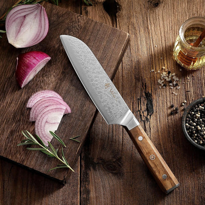 Oribu Kiritsuke Chef Knife, 8-Inch VG10 Damascus, Olive Wood Handle | Precision kiritsuke kitchen knife for peeling fruit, trimming vegetables, shaping garnishes, and detailed kitchen preparation