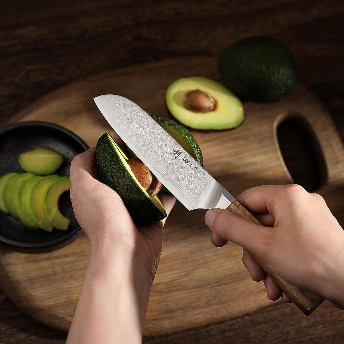 Oribu Kiritsuke Chef Knife, 8-Inch VG10 Damascus, Olive Wood Handle | Precision kiritsuke kitchen knife for peeling fruit, trimming vegetables, shaping garnishes, and detailed kitchen preparation