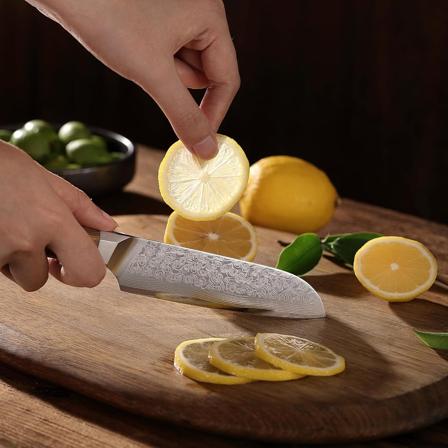 Oribu Kiritsuke Chef Knife, 8-Inch VG10 Damascus, Olive Wood Handle | Precision kiritsuke kitchen knife for peeling fruit, trimming vegetables, shaping garnishes, and detailed kitchen preparation