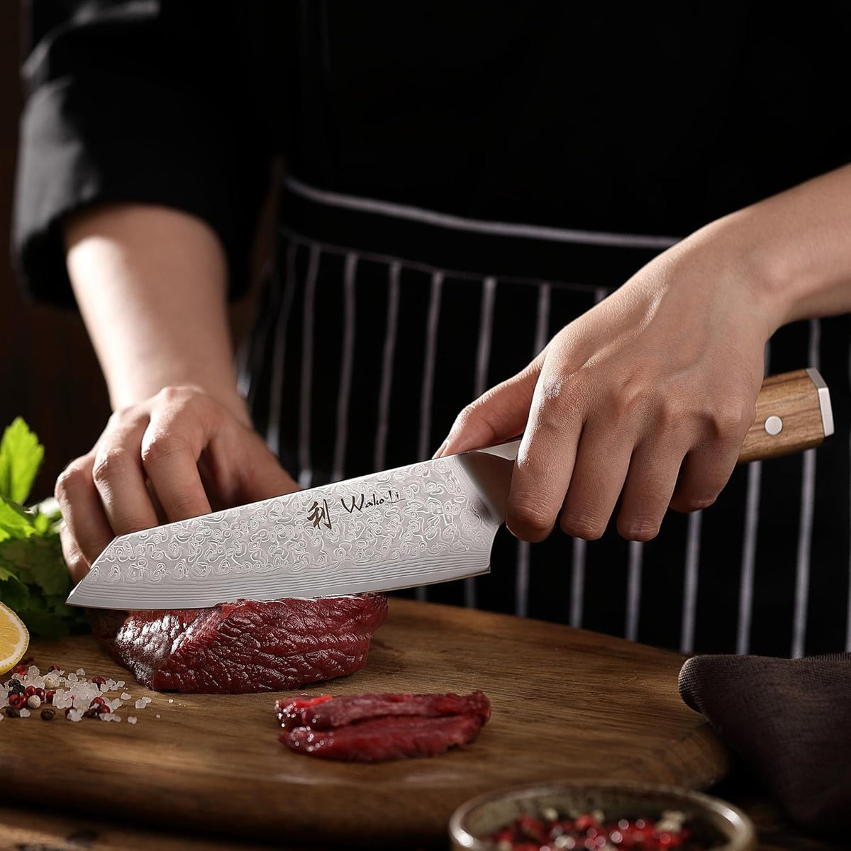 Oribu Kiritsuke Chef Knife, 8-Inch VG10 Damascus, Olive Wood Handle | Precision kiritsuke kitchen knife for peeling fruit, trimming vegetables, shaping garnishes, and detailed kitchen preparation