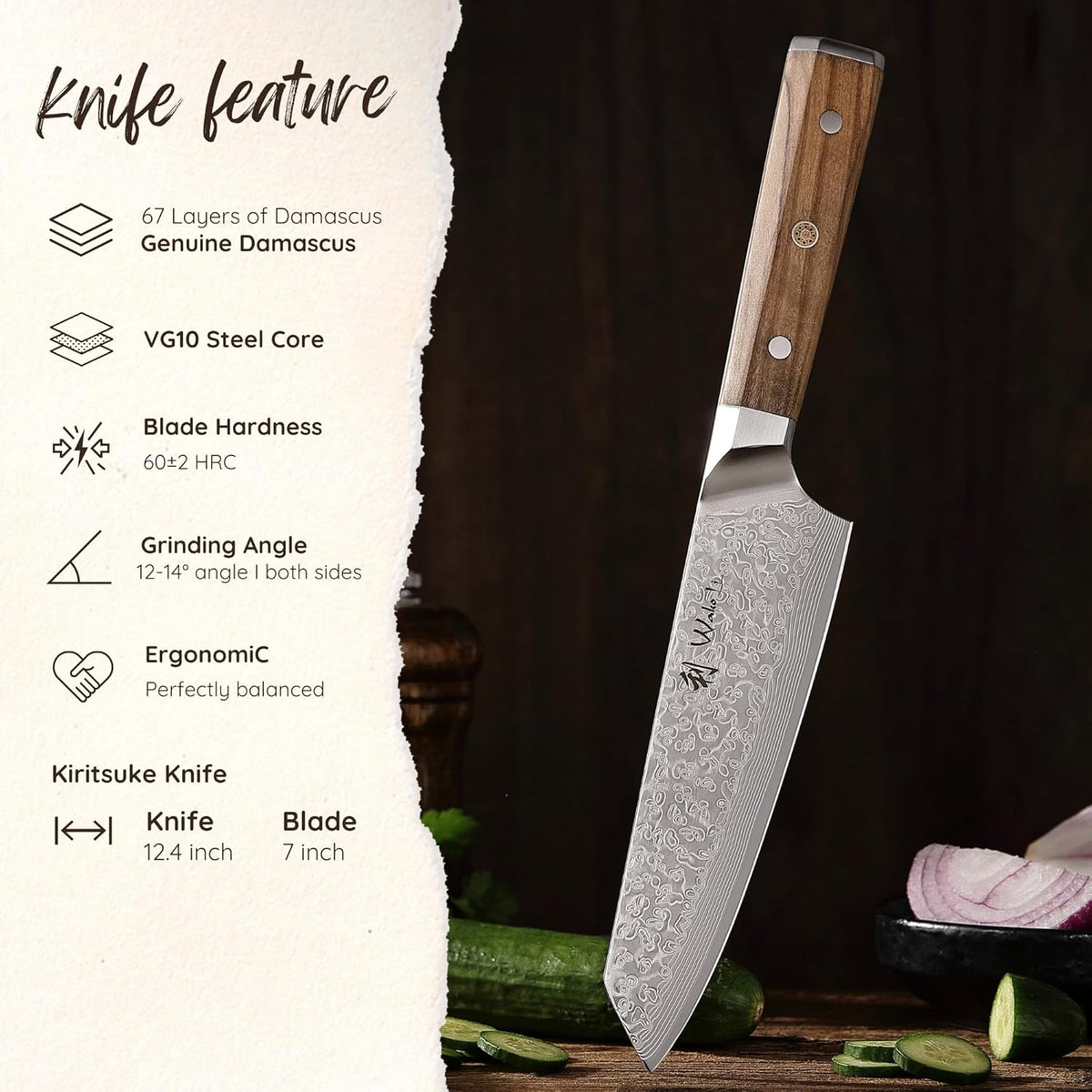 Oribu Kiritsuke Chef Knife, 8-Inch VG10 Damascus, Olive Wood Handle | Precision kiritsuke kitchen knife for peeling fruit, trimming vegetables, shaping garnishes, and detailed kitchen preparation