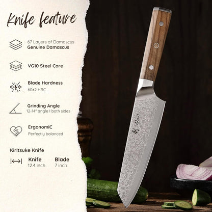 Oribu Kiritsuke Chef Knife, 8-Inch VG10 Damascus, Olive Wood Handle | Precision kiritsuke kitchen knife for peeling fruit, trimming vegetables, shaping garnishes, and detailed kitchen preparation