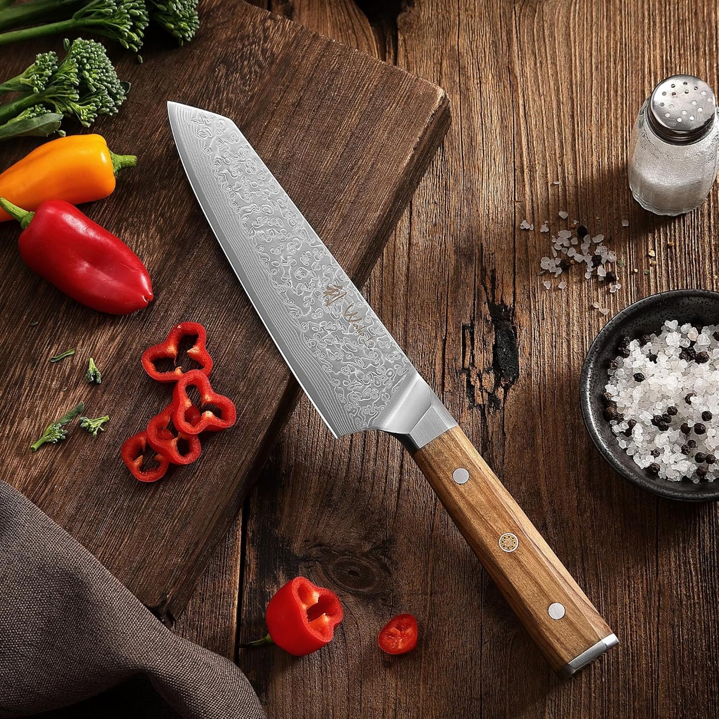 Oribu Kiritsuke Chef Knife, 8-Inch VG10 Damascus, Olive Wood Handle | Precision kiritsuke kitchen knife for peeling fruit, trimming vegetables, shaping garnishes, and detailed kitchen preparation