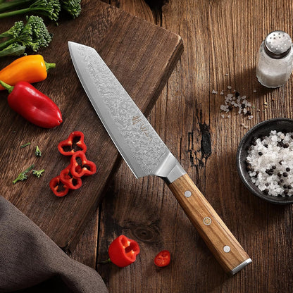 Oribu Kiritsuke Chef Knife, 8-Inch VG10 Damascus, Olive Wood Handle | Precision kiritsuke kitchen knife for peeling fruit, trimming vegetables, shaping garnishes, and detailed kitchen preparation