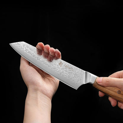 Oribu Kiritsuke Chef Knife, 8-Inch VG10 Damascus, Olive Wood Handle | Precision kiritsuke kitchen knife for peeling fruit, trimming vegetables, shaping garnishes, and detailed kitchen preparation