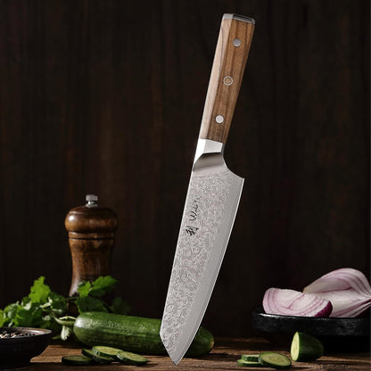 Oribu Kiritsuke Chef Knife, 8-Inch VG10 Damascus, Olive Wood Handle | Precision kiritsuke kitchen knife for peeling fruit, trimming vegetables, shaping garnishes, and detailed kitchen preparation