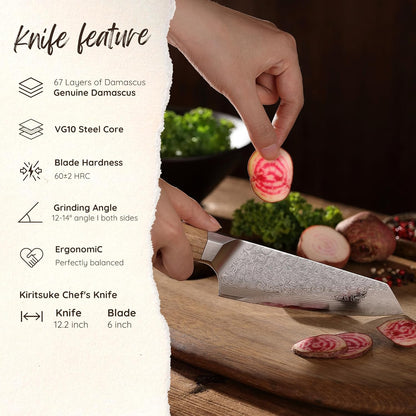 Oribu Kiritsuke Chef Knife, 8-Inch VG10 Damascus, Olive Wood Handle | Precision kiritsuke kitchen knife for peeling fruit, trimming vegetables, shaping garnishes, and detailed kitchen preparation