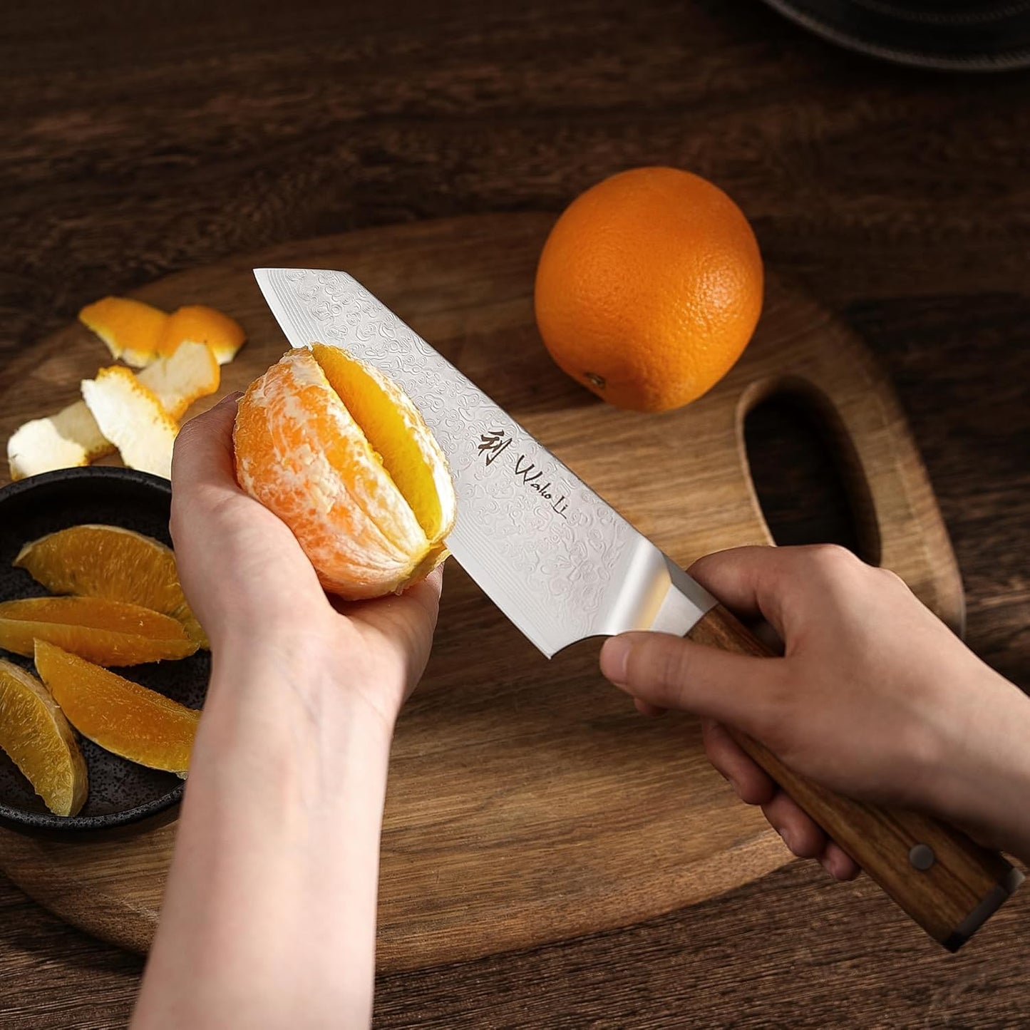 Oribu Kiritsuke Chef Knife, 8-Inch VG10 Damascus, Olive Wood Handle | Precision kiritsuke kitchen knife for peeling fruit, trimming vegetables, shaping garnishes, and detailed kitchen preparation