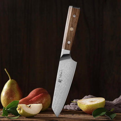 Oribu Kiritsuke Chef Knife, 8-Inch VG10 Damascus, Olive Wood Handle | Precision kiritsuke kitchen knife for peeling fruit, trimming vegetables, shaping garnishes, and detailed kitchen preparation