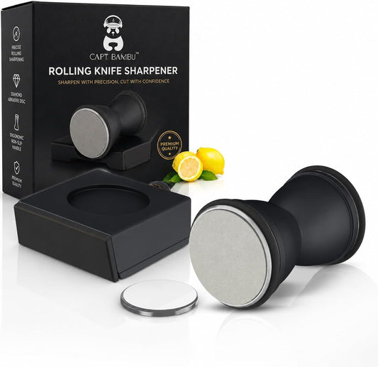 Rolling Knife Sharpener Kit - Crafted with Premium Stainless Steel | Kitchen Knife Sharpener Includes a 400 Grit Diamond Disc to Restore Sharpness and a Ceramic Disc to Polish and Smooth the Blade