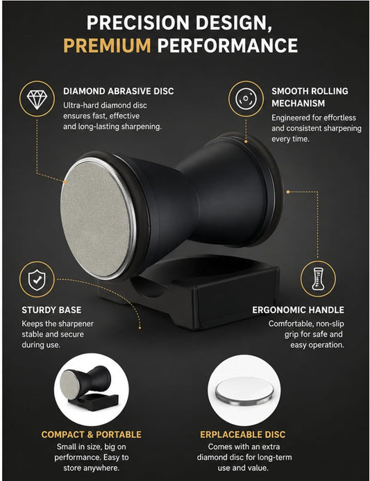 Rolling Knife Sharpener Kit - Crafted with Premium Stainless Steel | Kitchen Knife Sharpener Includes a 400 Grit Diamond Disc to Restore Sharpness and a Ceramic Disc to Polish and Smooth the Blade