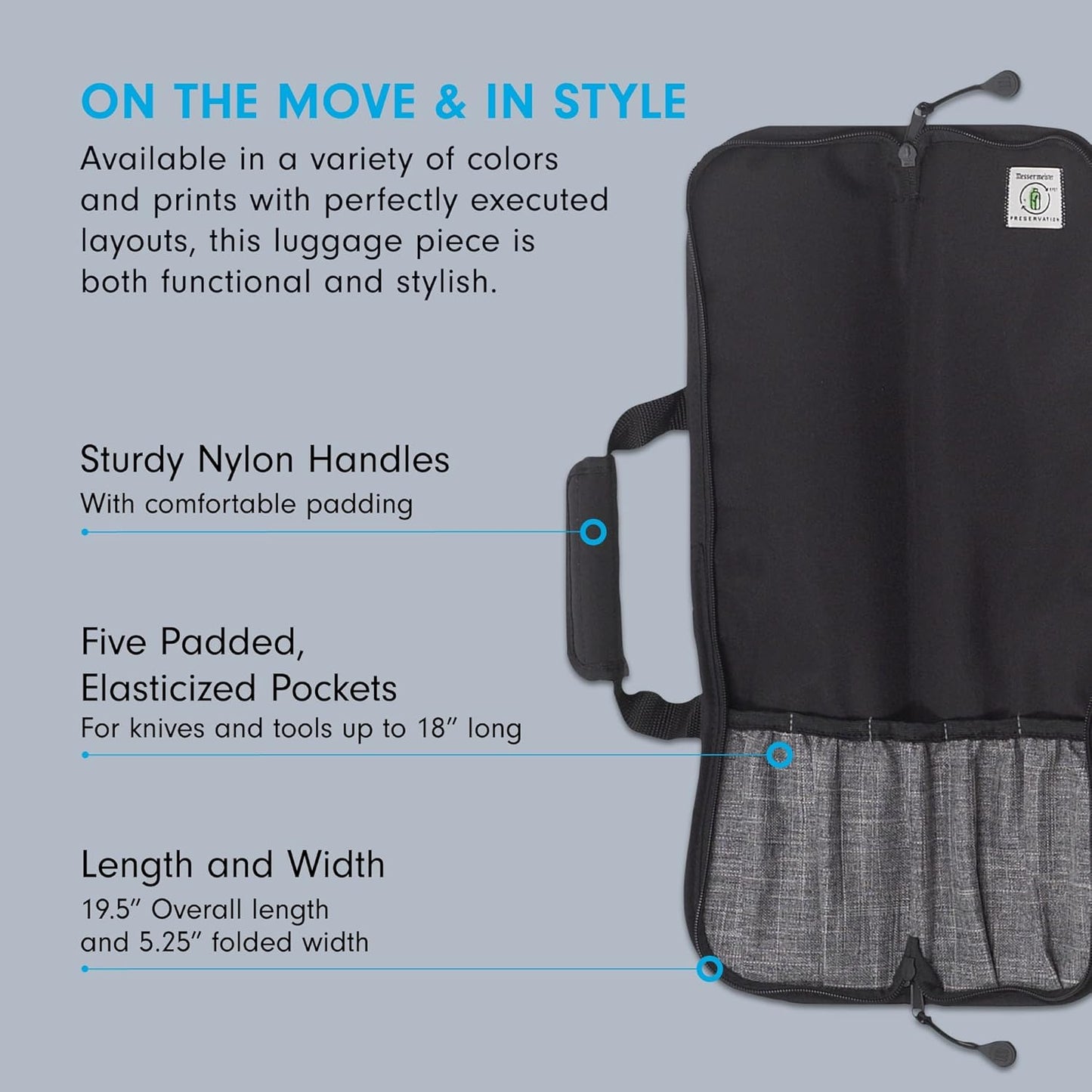 Preservation 5-Pocket Knife Luggage, Black - 5 Elasticized, Reinforced Pockets for Culinary Tools - Holds Up to 18” Knife - Made From 100% Recycled Water Bottles