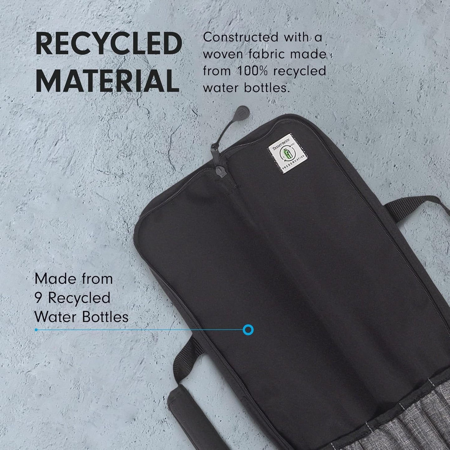 Preservation 5-Pocket Knife Luggage, Black - 5 Elasticized, Reinforced Pockets for Culinary Tools - Holds Up to 18” Knife - Made From 100% Recycled Water Bottles