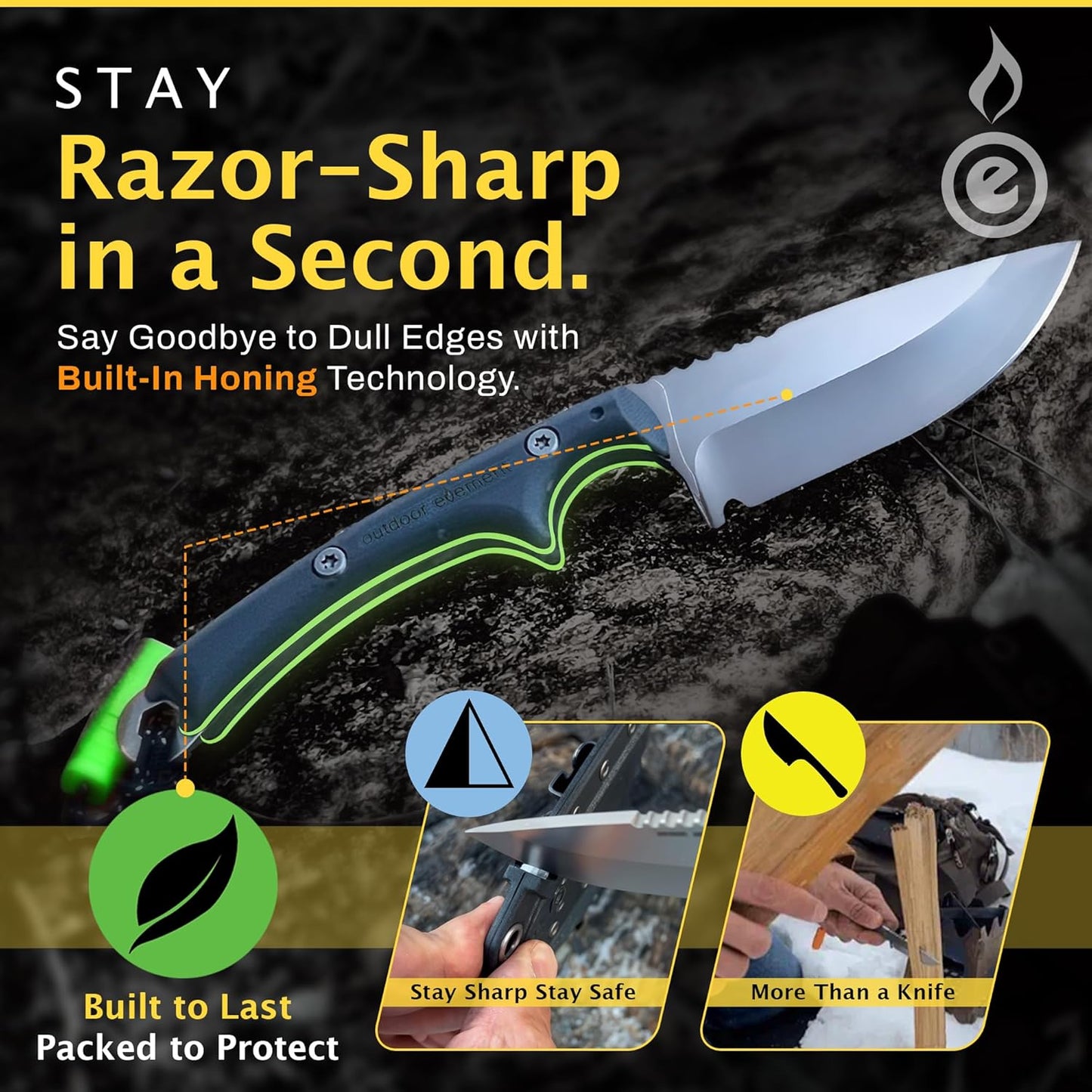 Scout Feather Glow - Fixed Blade Survival Knife with built-in Firestarter for Camping, Hunting, Outdoor Adventure and Culinary Need - VG10 Blade, Whistle, Knife Sharpener, Compact Sheath & G10 Handle