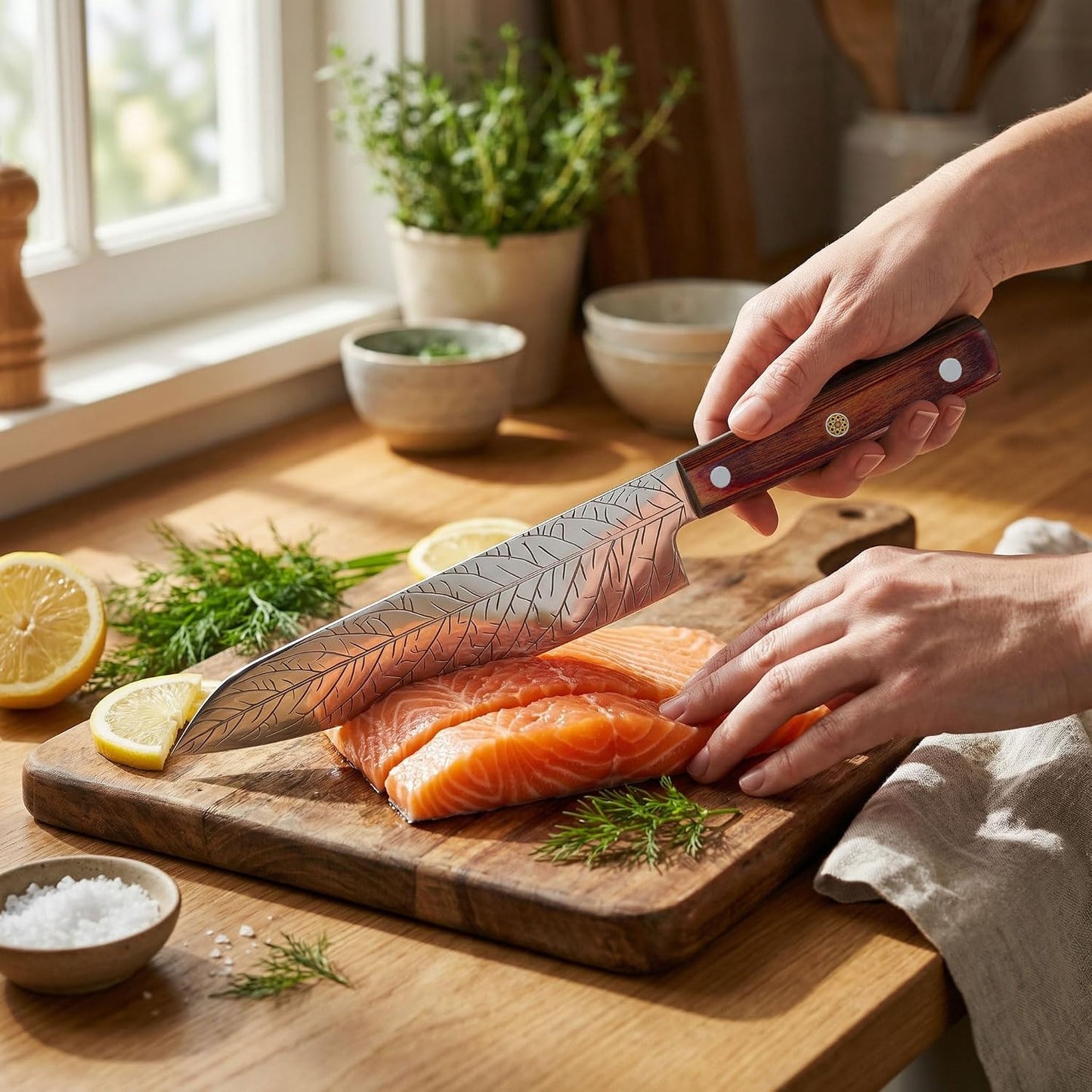 8-Inch Leaf‑etched Chef Knife – Deep Electro‑etched Leaf Pattern with 3D Air‑Pocket Design, Premium Stainless Steel Blade & Ergonomic Wood Handle for Kitchen Cooking Gift Red