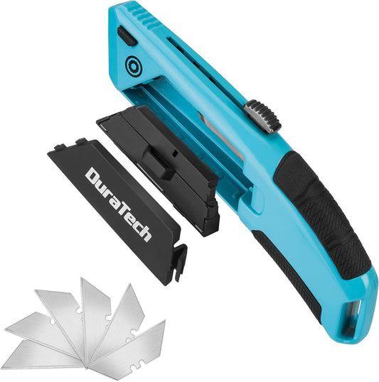 Auto-Loading Utility Knife, Retractable Box Cutter with Blades | 6 Preloaded SK5 Blades, Heavy Duty, Quick Change System, Comfortable Grip, Cardboard, Carpet, Rope Cutting, DIY, Workshop Use