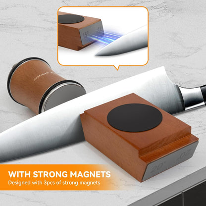 Knife Sharpener Roller Kit with 15 & 20 Degree Upgraded Magnetic Wood Base, Diamond Discs, Leather Strop and Polishing Compound