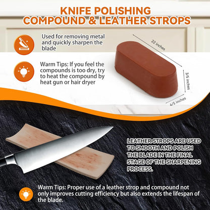 Knife Sharpener Roller Kit with 15 & 20 Degree Upgraded Magnetic Wood Base, Diamond Discs, Leather Strop and Polishing Compound
