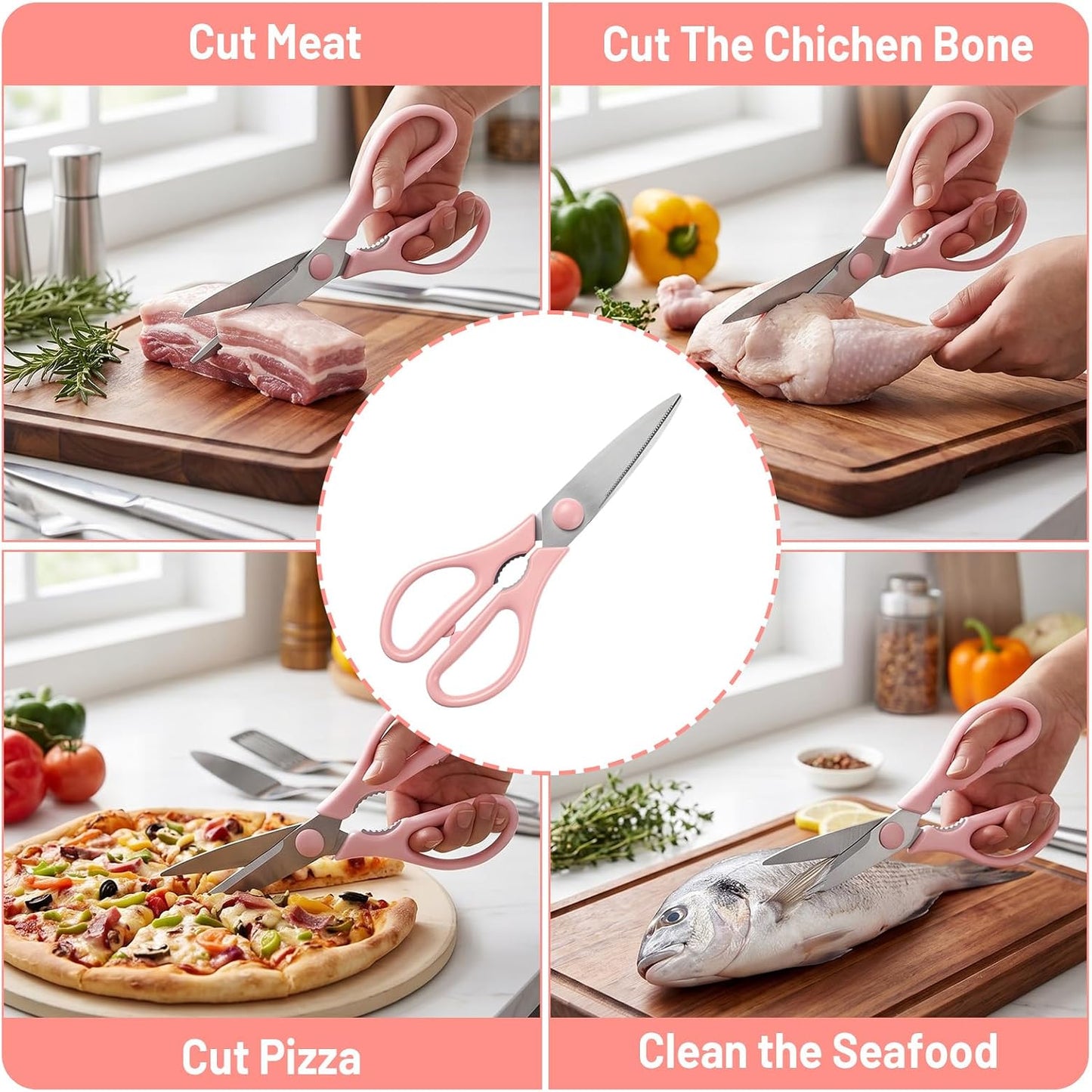 Pink Kitchen Scissors for Food Pink Cooking Scissors | Cooking Kitchen Shears Set for Cutting Chicken Meat Fish Vegetables Heavy Duty Stainless Steel Utensils