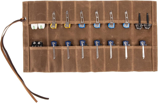 pocket knife storage, Knife Display Bag, with 16 Slots Pocket Knives Folding Knife Holder Organizer, pocket knife roll Collection Protector Bag, Tactical Outdoor for EDC Mini Knife Bags(Khaki)