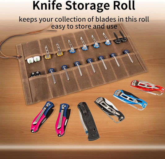 pocket knife storage, Knife Display Bag, with 16 Slots Pocket Knives Folding Knife Holder Organizer, pocket knife roll Collection Protector Bag, Tactical Outdoor for EDC Mini Knife Bags(Khaki)