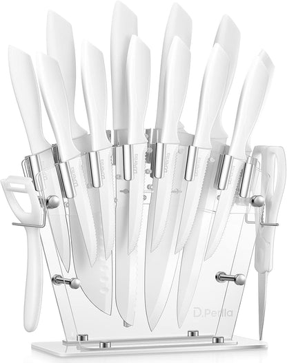 Knife Set, 16 Pieces White Kitchen Knife Set with Acrylic Stand, High Carbon Stainless Steel, Non Stick Coated Knife Block Set, No Rust, Non Slip Handle, Sharp Knife