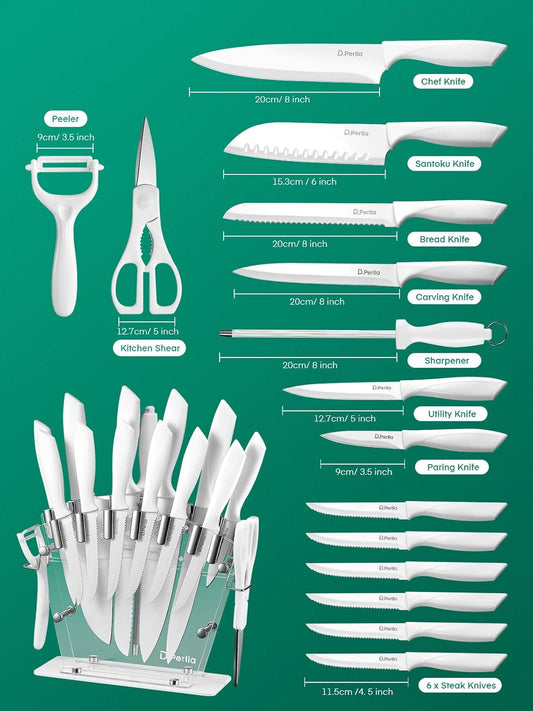 Knife Set, 16 Pieces White Kitchen Knife Set with Acrylic Stand, High Carbon Stainless Steel, Non Stick Coated Knife Block Set, No Rust, Non Slip Handle, Sharp Knife