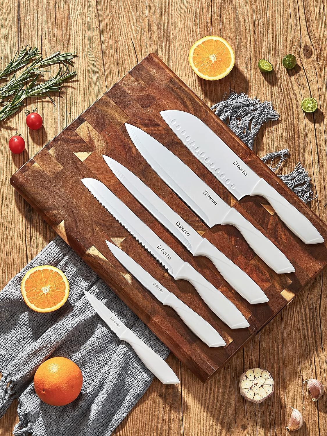 Knife Set, 16 Pieces White Kitchen Knife Set with Acrylic Stand, High Carbon Stainless Steel, Non Stick Coated Knife Block Set, No Rust, Non Slip Handle, Sharp Knife