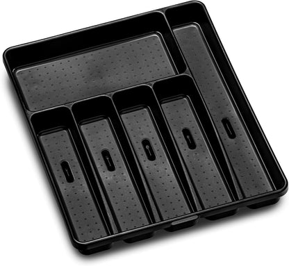 Premium Silverware Tray, 6 Compartment Flatware Organizer for Forks, Knives & Spoons, Non Slip, Soft Grip Lining, Durable Drawer Organizer, Black