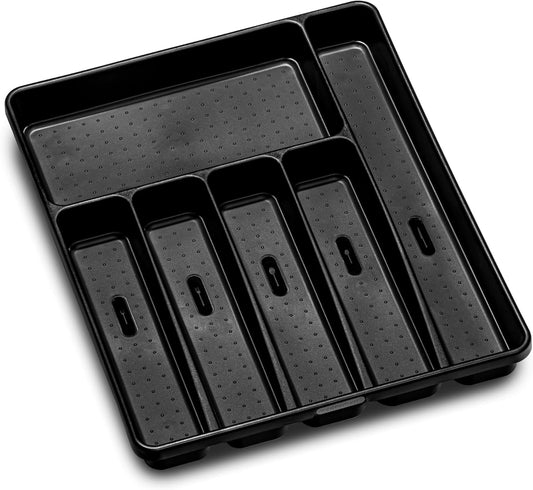 Premium Silverware Tray, 6 Compartment Flatware Organizer for Forks, Knives & Spoons, Non Slip, Soft Grip Lining, Durable Drawer Organizer, Black