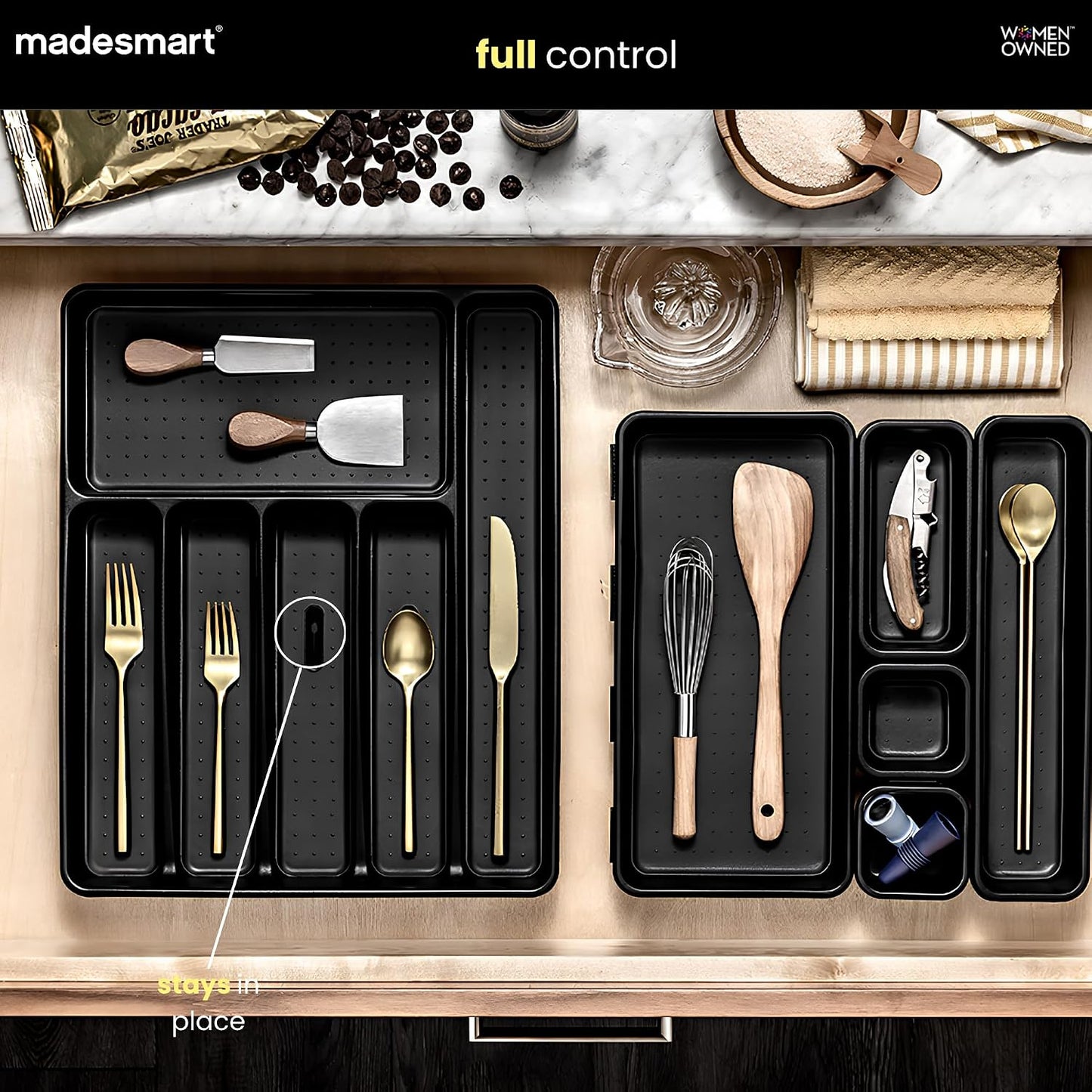 Premium Silverware Tray, 6 Compartment Flatware Organizer for Forks, Knives & Spoons, Non Slip, Soft Grip Lining, Durable Drawer Organizer, Black