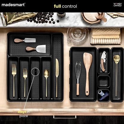 Premium Silverware Tray, 6 Compartment Flatware Organizer for Forks, Knives & Spoons, Non Slip, Soft Grip Lining, Durable Drawer Organizer, Black