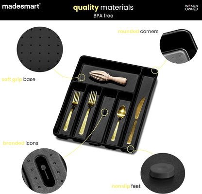 Premium Silverware Tray, 6 Compartment Flatware Organizer for Forks, Knives & Spoons, Non Slip, Soft Grip Lining, Durable Drawer Organizer, Black