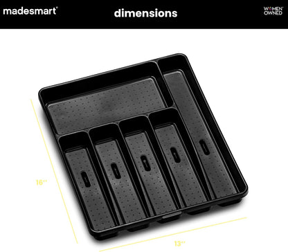 Premium Silverware Tray, 6 Compartment Flatware Organizer for Forks, Knives & Spoons, Non Slip, Soft Grip Lining, Durable Drawer Organizer, Black