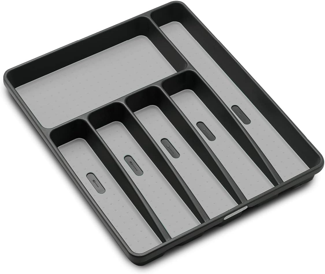 Premium Silverware Tray, 6 Compartment Flatware Organizer for Forks, Knives & Spoons, Non Slip, Soft Grip Lining, Durable Drawer Organizer, Black