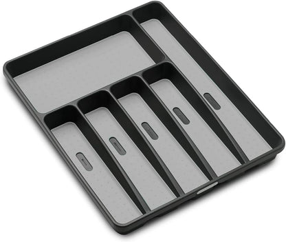 Premium Silverware Tray, 6 Compartment Flatware Organizer for Forks, Knives & Spoons, Non Slip, Soft Grip Lining, Durable Drawer Organizer, Black