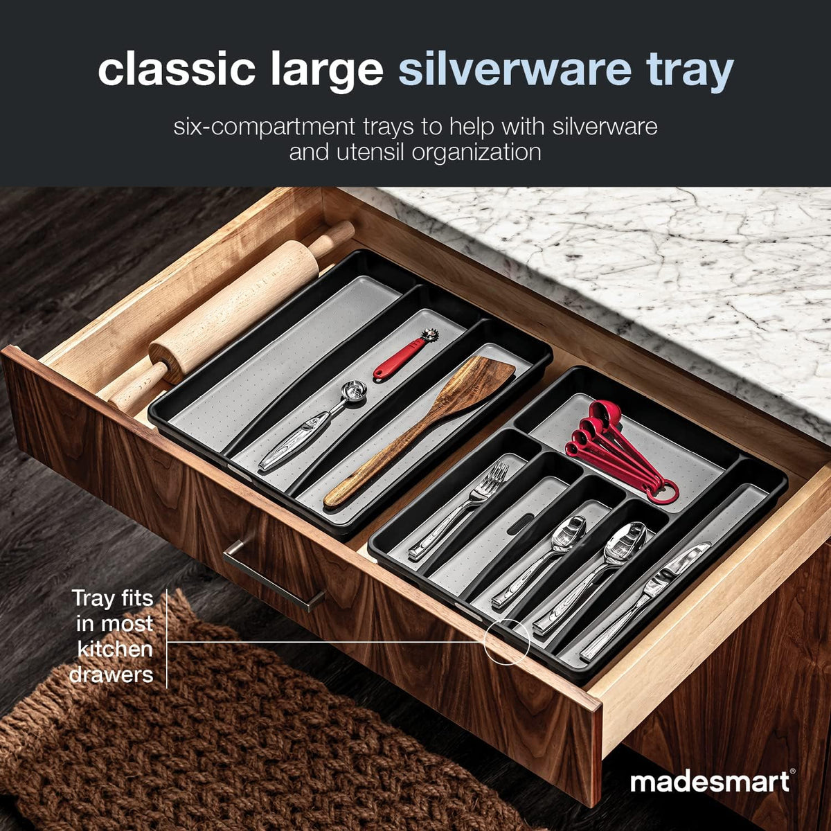 Premium Silverware Tray, 6 Compartment Flatware Organizer for Forks, Knives & Spoons, Non Slip, Soft Grip Lining, Durable Drawer Organizer, Black