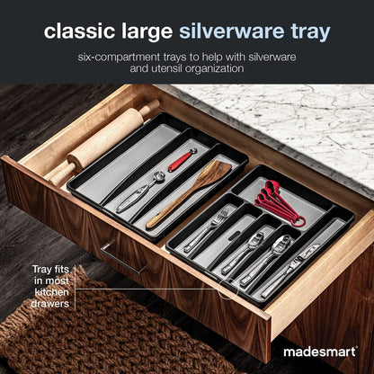 Premium Silverware Tray, 6 Compartment Flatware Organizer for Forks, Knives & Spoons, Non Slip, Soft Grip Lining, Durable Drawer Organizer, Black