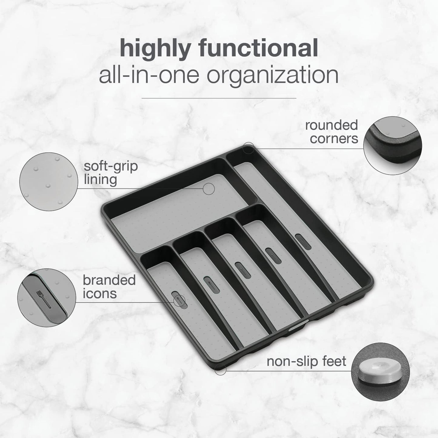 Premium Silverware Tray, 6 Compartment Flatware Organizer for Forks, Knives & Spoons, Non Slip, Soft Grip Lining, Durable Drawer Organizer, Black