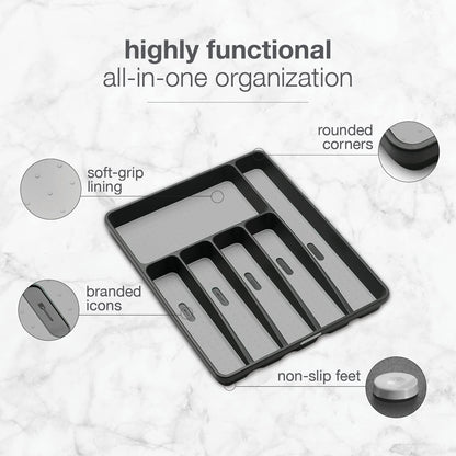 Premium Silverware Tray, 6 Compartment Flatware Organizer for Forks, Knives & Spoons, Non Slip, Soft Grip Lining, Durable Drawer Organizer, Black