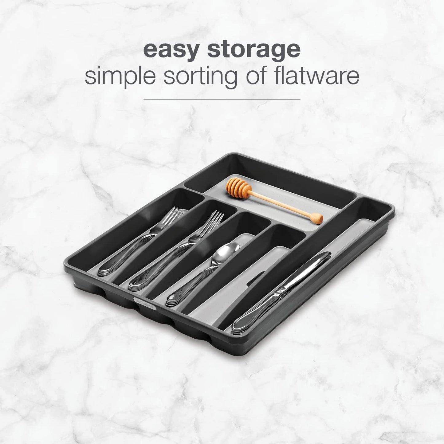 Premium Silverware Tray, 6 Compartment Flatware Organizer for Forks, Knives & Spoons, Non Slip, Soft Grip Lining, Durable Drawer Organizer, Black